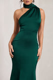 Golden Girl Bottle Green Satin One Shoulder High-Neck Flared Midi Dress