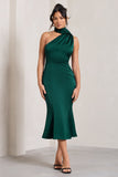 Golden Girl Bottle Green Satin One Shoulder High-Neck Flared Midi Dress