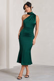 Golden Girl Bottle Green Satin One Shoulder High-Neck Flared Midi Dress