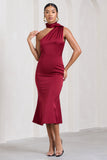 Golden Girl Burgundy Satin One Shoulder High-Neck Flared Midi Dress