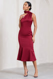 Golden Girl Burgundy Satin One Shoulder High-Neck Flared Midi Dress