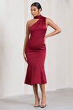 Golden Girl Burgundy Satin One Shoulder High-Neck Flared Midi Dress