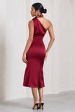 Golden Girl Burgundy Satin One Shoulder High-Neck Flared Midi Dress