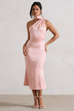 Golden Girl Blush Pink Satin One Shoulder High-Neck Flared Midi Dress