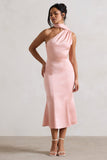 Golden Girl Blush Pink Satin One Shoulder High-Neck Flared Midi Dress