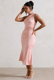 Golden Girl Blush Pink Satin One Shoulder High-Neck Flared Midi Dress