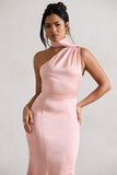 Golden Girl Blush Pink Satin One Shoulder High-Neck Flared Midi Dress