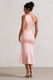 Golden Girl Blush Pink Satin One Shoulder High-Neck Flared Midi Dress