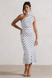 Golden Girl White Polka Dot One Shoulder High-Neck Flared Midi Dress