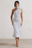 Golden Girl White Polka Dot One Shoulder High-Neck Flared Midi Dress
