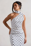 Golden Girl White Polka Dot One Shoulder High-Neck Flared Midi Dress