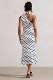 Golden Girl White Polka Dot One Shoulder High-Neck Flared Midi Dress