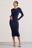 Dynasty Darling Navy Cowl-Back Long-Sleeved Bodycon Midi Dress