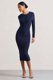 Dynasty Darling Navy Cowl-Back Long-Sleeved Bodycon Midi Dress