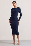 Dynasty Darling Navy Cowl-Back Long-Sleeved Bodycon Midi Dress