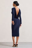 Dynasty Darling Navy Cowl-Back Long-Sleeved Bodycon Midi Dress