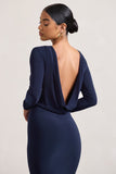 Dynasty Darling Navy Cowl-Back Long-Sleeved Bodycon Midi Dress