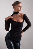 Nicole Black Ruched Mesh Asymmetric Top With Long Sheer Sleeves