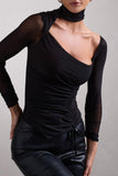 Nicole Black Ruched Mesh Asymmetric Top With Long Sheer Sleeves