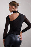 Nicole Black Ruched Mesh Asymmetric Top With Long Sheer Sleeves