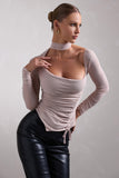 Nicole Champagne Ruched Mesh Asymmetric Top With Long Sheer Sleeves