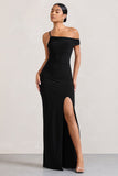 On Film Black Asymmetric Strappy Split Maxi Dress