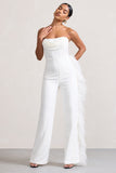 Topic Of Talk White Strapless Bandeau Wide-Leg Jumpsuit With Feather Trim