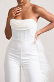 Topic Of Talk White Strapless Bandeau Wide-Leg Jumpsuit With Feather Trim
