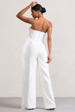 Topic Of Talk White Strapless Bandeau Wide-Leg Jumpsuit With Feather Trim