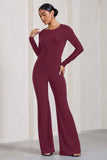 Lana Burgundy Long-Sleeved Flared-Leg Jumpsuit