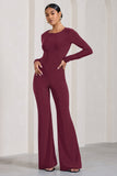 Lana Burgundy Long-Sleeved Flared-Leg Jumpsuit