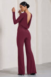 Lana Burgundy Long-Sleeved Flared-Leg Jumpsuit