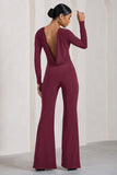 Lana Burgundy Long-Sleeved Flared-Leg Jumpsuit