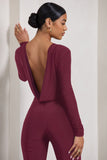 Lana Burgundy Long-Sleeved Flared-Leg Jumpsuit