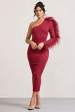 Wild One Burgundy One-Shoulder Bodycon Midi Dress With Feather-Trimmed Sleeve
