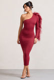Wild One Burgundy One-Shoulder Bodycon Midi Dress With Feather-Trimmed Sleeve