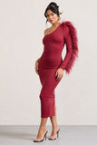 Wild One Burgundy One-Shoulder Bodycon Midi Dress With Feather-Trimmed Sleeve