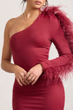Wild One Burgundy One-Shoulder Bodycon Midi Dress With Feather-Trimmed Sleeve