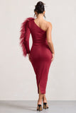 Wild One Burgundy One-Shoulder Bodycon Midi Dress With Feather-Trimmed Sleeve
