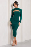 Eveline Bottle Green Ruched High-Neck Long-Sleeved Bodycon Midi Dress