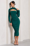 Eveline Bottle Green Ruched High-Neck Long-Sleeved Bodycon Midi Dress