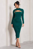 Eveline Bottle Green Ruched High-Neck Long-Sleeved Bodycon Midi Dress