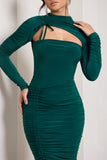 Eveline Bottle Green Ruched High-Neck Long-Sleeved Bodycon Midi Dress