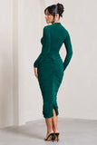 Eveline Bottle Green Ruched High-Neck Long-Sleeved Bodycon Midi Dress