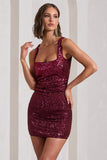 Glimmer Plum Sequin Open-Back Bodycon Mini Dress