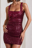 Glimmer Plum Sequin Open-Back Bodycon Mini Dress