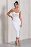 Inviting White Ruched Corset Midi Dress