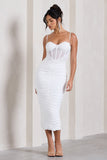 Inviting White Ruched Corset Midi Dress