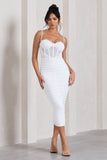 Inviting White Ruched Corset Midi Dress