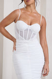 Inviting White Ruched Corset Midi Dress